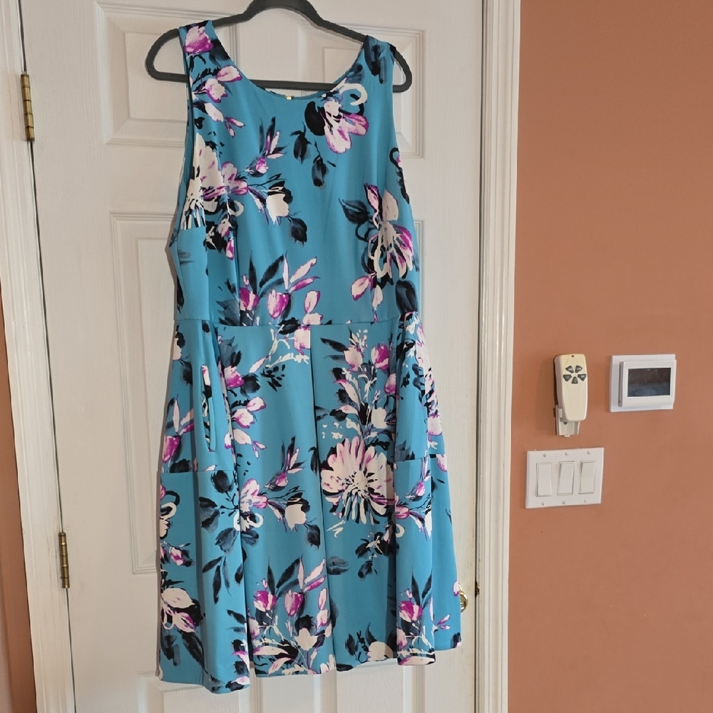 Roz & Ali Teal and Pink Floral Midi Dress With POCKETS! sz18